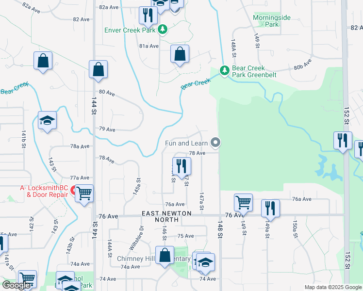 map of restaurants, bars, coffee shops, grocery stores, and more near 14681 78 Avenue in Surrey