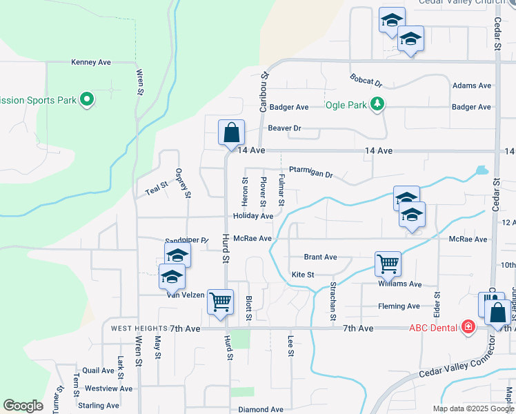 map of restaurants, bars, coffee shops, grocery stores, and more near 7871 Plover Street in Mission