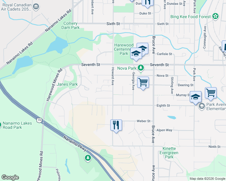map of restaurants, bars, coffee shops, grocery stores, and more near 855 Howard Avenue in Nanaimo