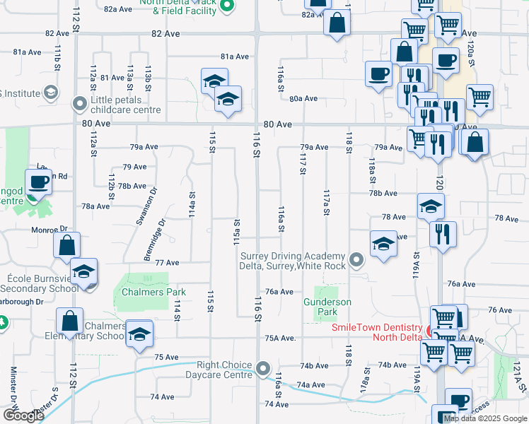 map of restaurants, bars, coffee shops, grocery stores, and more near 7816 116 Street in Delta
