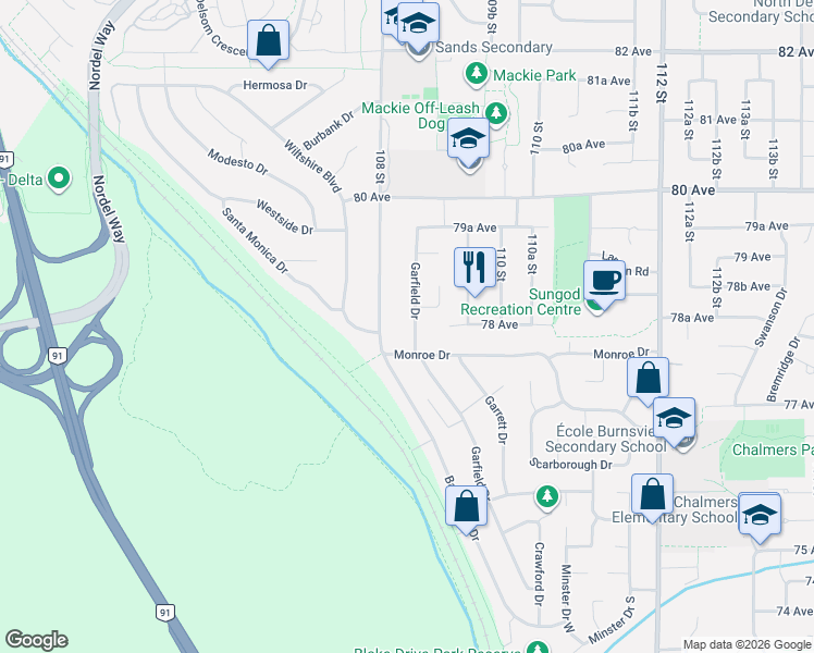 map of restaurants, bars, coffee shops, grocery stores, and more near 10855 Monroe Drive in Delta