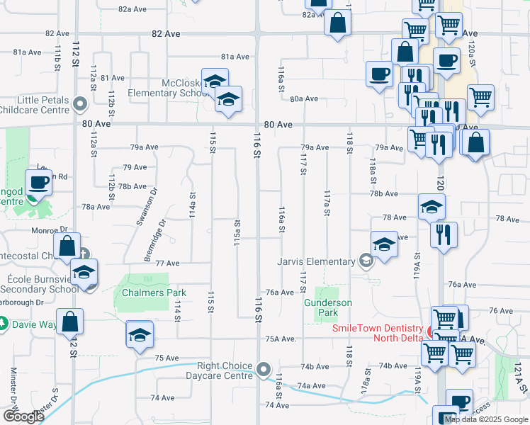 map of restaurants, bars, coffee shops, grocery stores, and more near 7816 116 Street in Delta