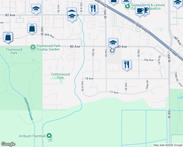 map of restaurants, bars, coffee shops, grocery stores, and more near 16290 78A Avenue in Surrey