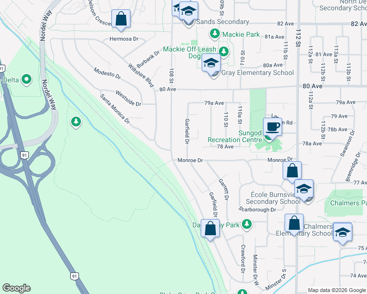 map of restaurants, bars, coffee shops, grocery stores, and more near 7823 Garfield Drive in Delta