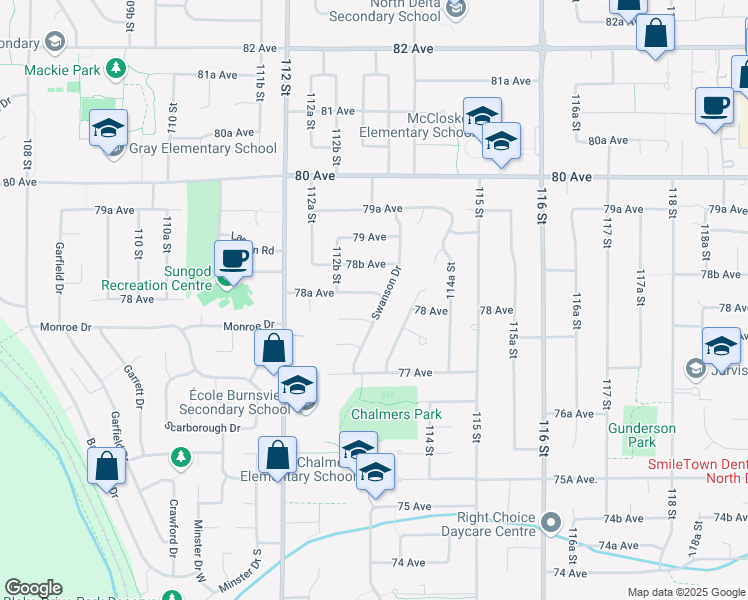 map of restaurants, bars, coffee shops, grocery stores, and more near 11318 78A Avenue in Delta