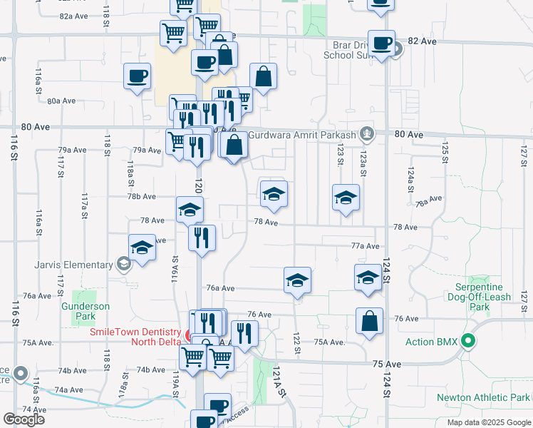 map of restaurants, bars, coffee shops, grocery stores, and more near 7838 120A Street in Surrey