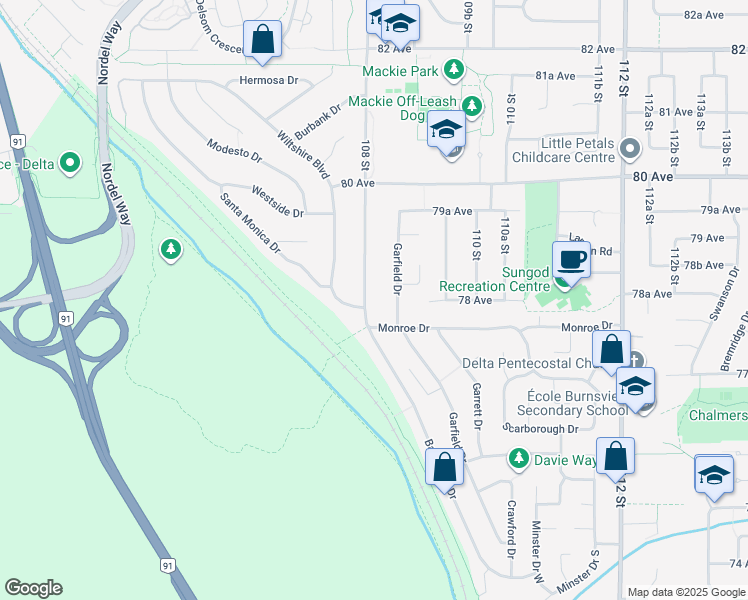map of restaurants, bars, coffee shops, grocery stores, and more near 7822 108 Street in Delta