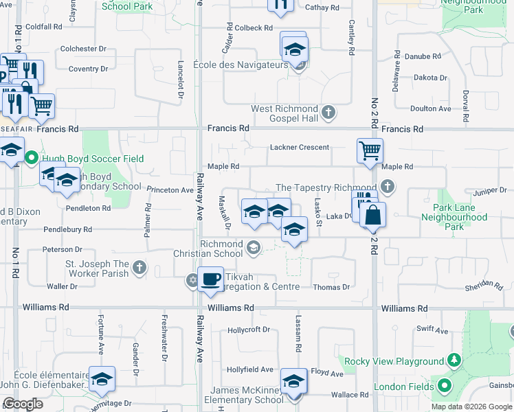 map of restaurants, bars, coffee shops, grocery stores, and more near in Richmond