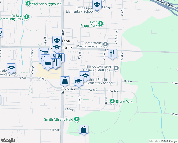 map of restaurants, bars, coffee shops, grocery stores, and more near 20965 77A Avenue in Langley