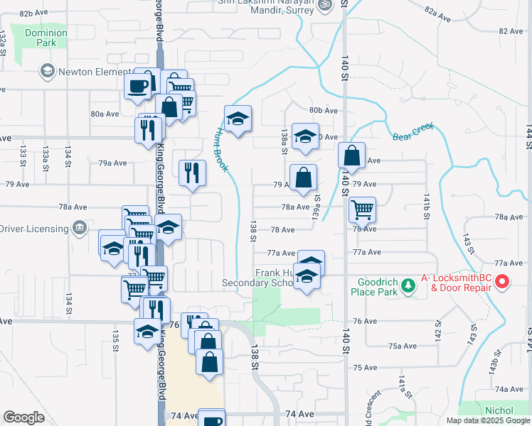 map of restaurants, bars, coffee shops, grocery stores, and more near 13830 78A Avenue in Surrey