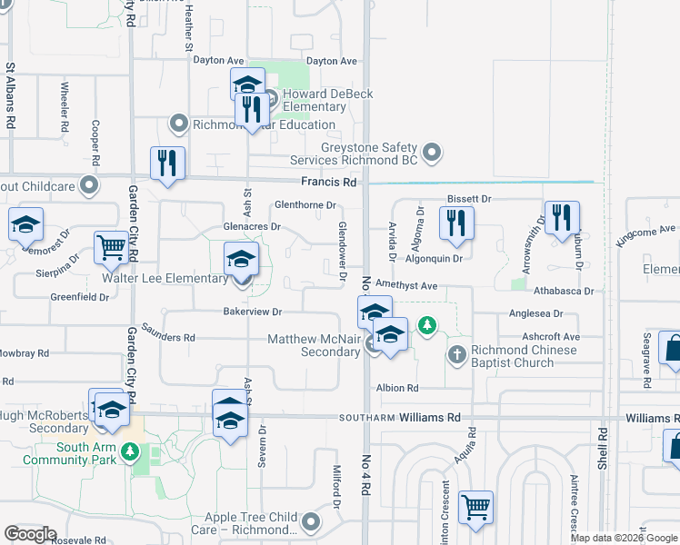 map of restaurants, bars, coffee shops, grocery stores, and more near 9500 Glendower Drive in Richmond