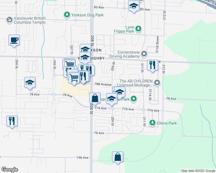 map of restaurants, bars, coffee shops, grocery stores, and more near 20852 78B Avenue in Langley Township