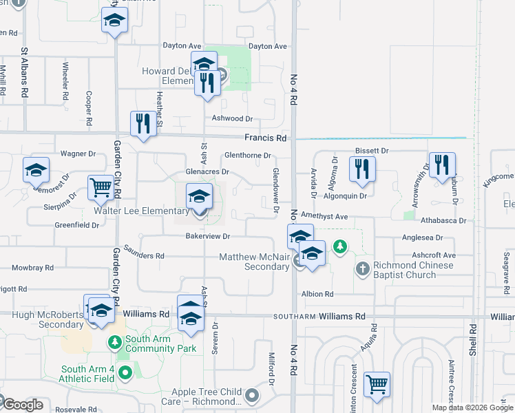 map of restaurants, bars, coffee shops, grocery stores, and more near 9411 Glendower Drive in Richmond