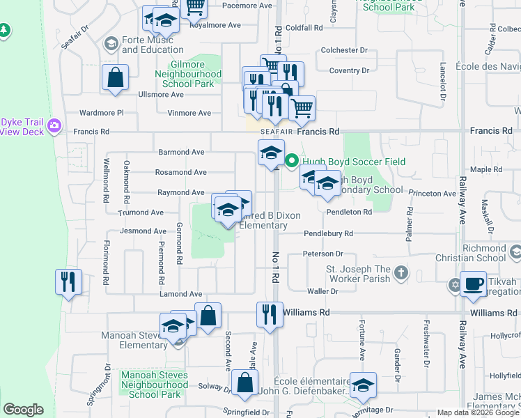 map of restaurants, bars, coffee shops, grocery stores, and more near 9320 Desmond Road in Richmond