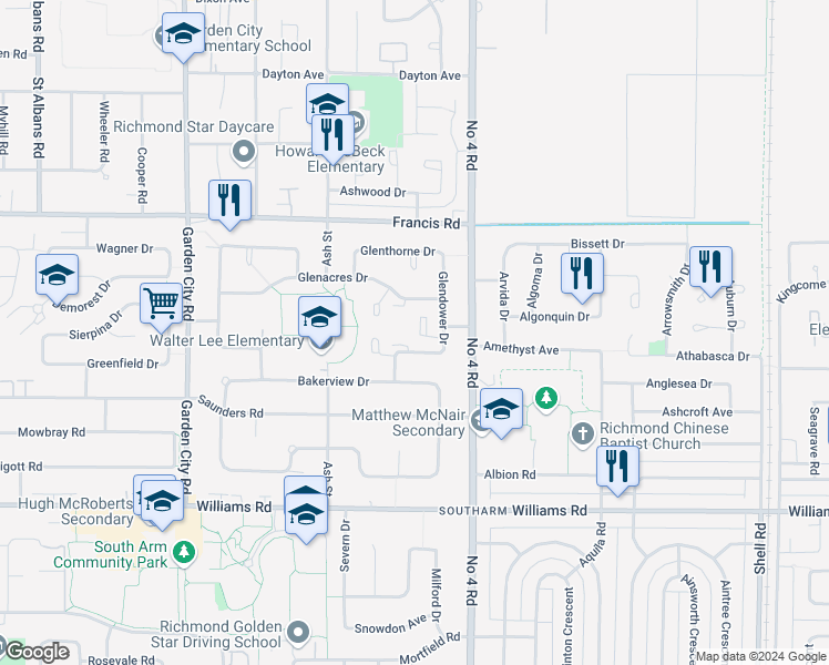 map of restaurants, bars, coffee shops, grocery stores, and more near 9411 Glendower Drive in Richmond