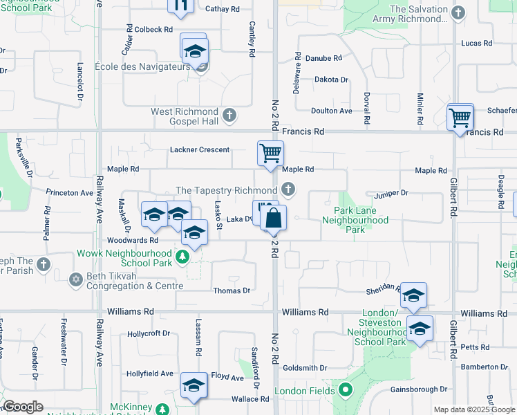 map of restaurants, bars, coffee shops, grocery stores, and more near 9344 Laka Drive in Richmond