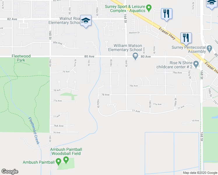 map of restaurants, bars, coffee shops, grocery stores, and more near 16290 78A Avenue in Surrey