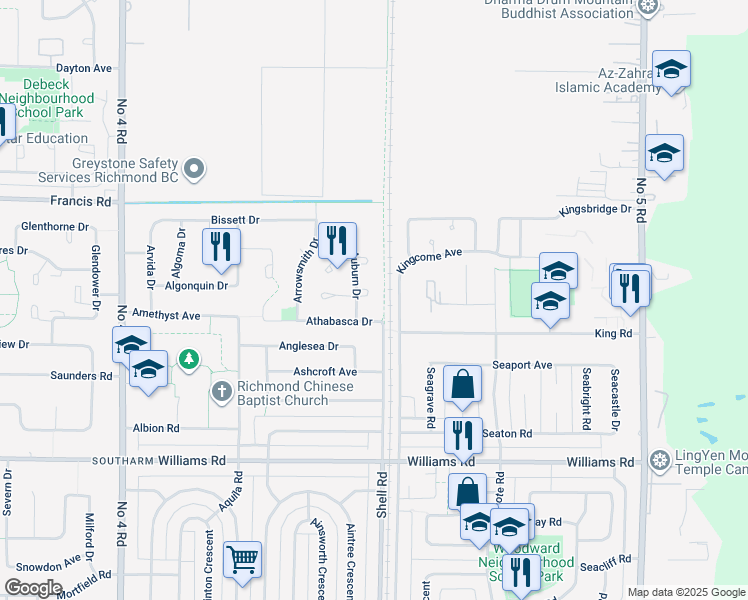 map of restaurants, bars, coffee shops, grocery stores, and more near 9420 Auburn Drive in Richmond