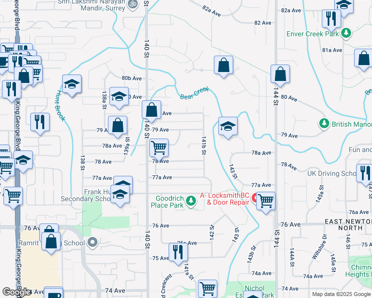 map of restaurants, bars, coffee shops, grocery stores, and more near 14120 Sunridge Place in Surrey