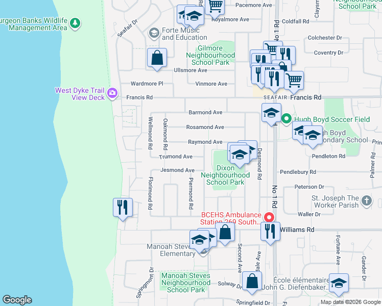 map of restaurants, bars, coffee shops, grocery stores, and more near 3491 Trumond Avenue in Richmond