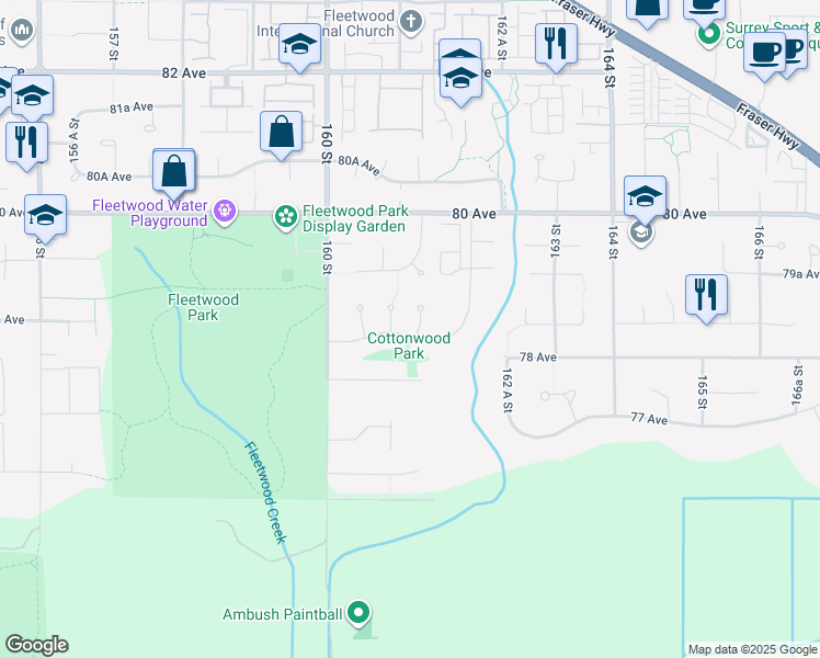 map of restaurants, bars, coffee shops, grocery stores, and more near 7807 161A Street in Surrey