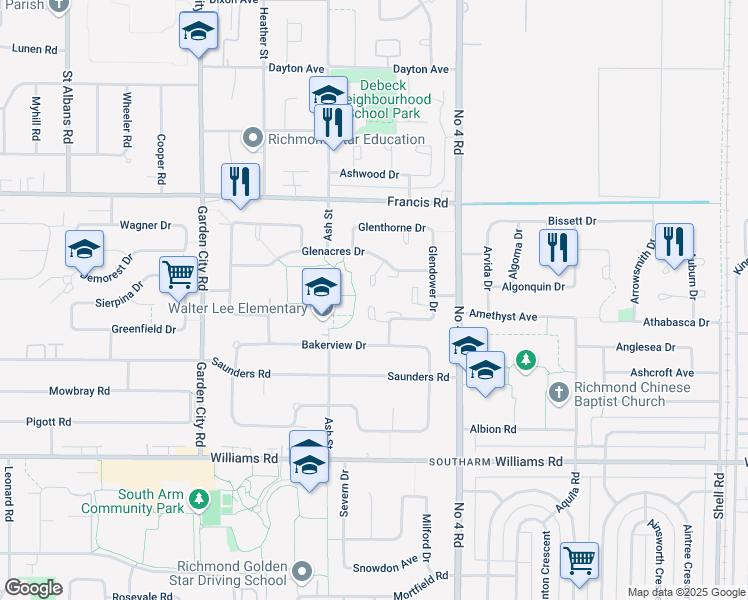 map of restaurants, bars, coffee shops, grocery stores, and more near 9651 Glendower Drive in Richmond