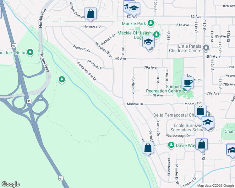 map of restaurants, bars, coffee shops, grocery stores, and more near 7816 Wiltshire Boulevard in Delta