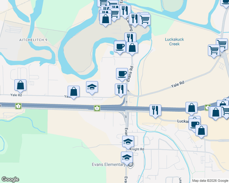 map of restaurants, bars, coffee shops, grocery stores, and more near 44755 Yale Road in Chilliwack