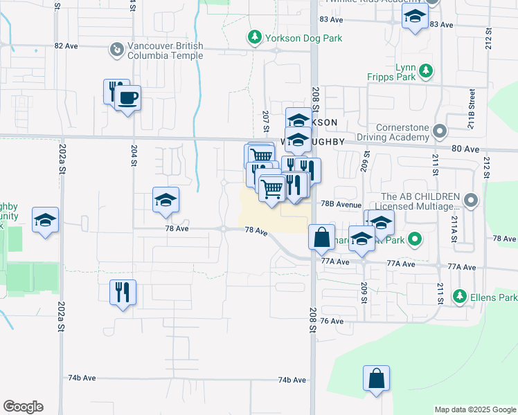 map of restaurants, bars, coffee shops, grocery stores, and more near 20689 Willoughby Town Centre Drive in Langley Township