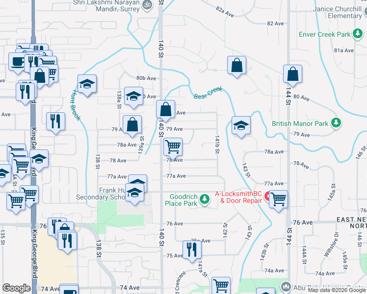 map of restaurants, bars, coffee shops, grocery stores, and more near 7887 Suncrest Drive in Surrey