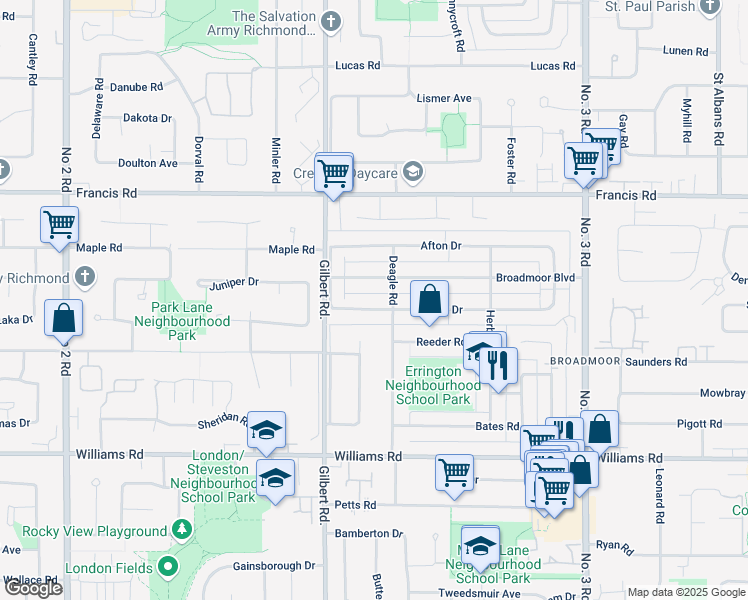 map of restaurants, bars, coffee shops, grocery stores, and more near 7311 Belair Drive in Richmond