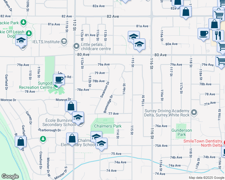 map of restaurants, bars, coffee shops, grocery stores, and more near 7845 Bremridge Drive in Delta