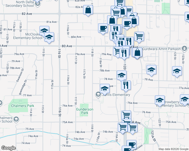 map of restaurants, bars, coffee shops, grocery stores, and more near 7824 118 Street in Delta