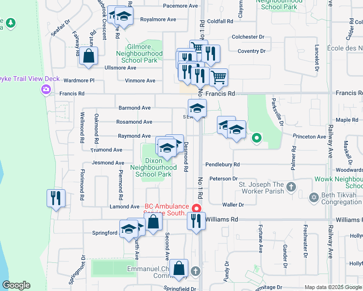 map of restaurants, bars, coffee shops, grocery stores, and more near 9271 Desmond Road in Richmond