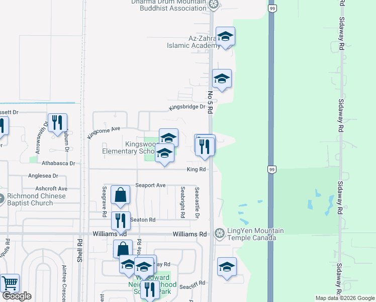 map of restaurants, bars, coffee shops, grocery stores, and more near 11751 King Road in Richmond