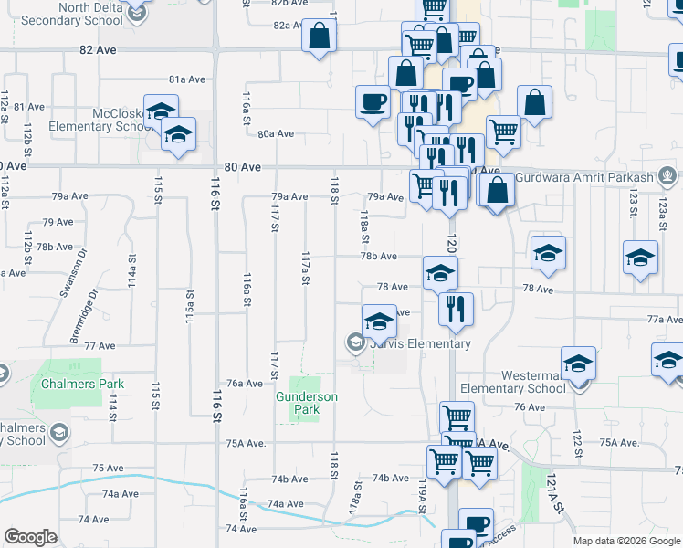 map of restaurants, bars, coffee shops, grocery stores, and more near 7826 118 Street in Delta