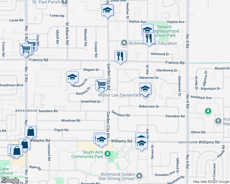 map of restaurants, bars, coffee shops, grocery stores, and more near 9040 Glenallan Gate in Richmond