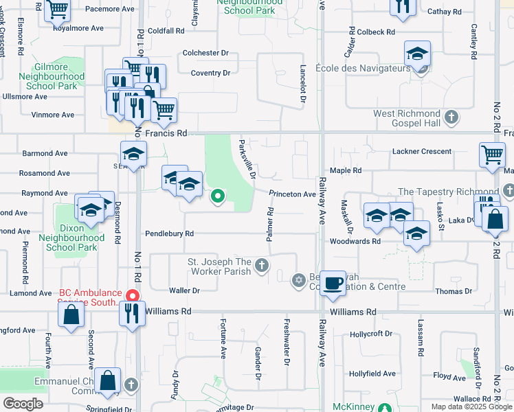 map of restaurants, bars, coffee shops, grocery stores, and more near 9500 Parksville Drive in Richmond