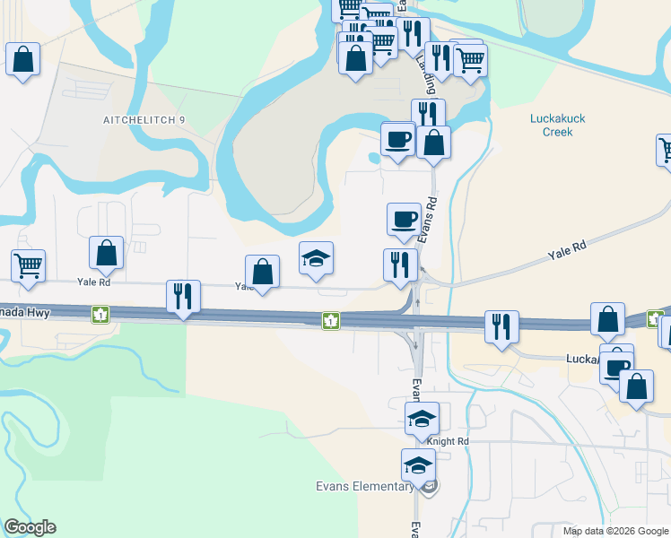 map of restaurants, bars, coffee shops, grocery stores, and more near 44915 Yale Road in Chilliwack