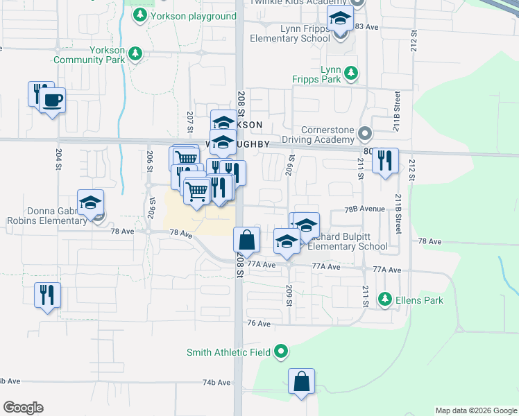 map of restaurants, bars, coffee shops, grocery stores, and more near 20838 78B Avenue in Langley Township