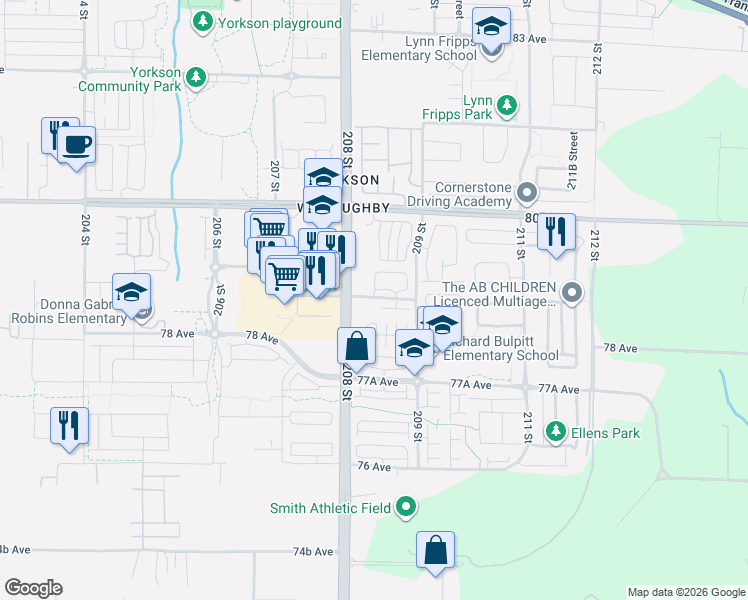 map of restaurants, bars, coffee shops, grocery stores, and more near in Langley Township