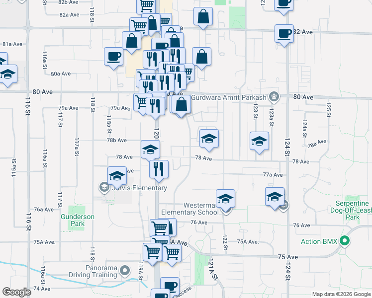 map of restaurants, bars, coffee shops, grocery stores, and more near 7837 120A Street in Surrey