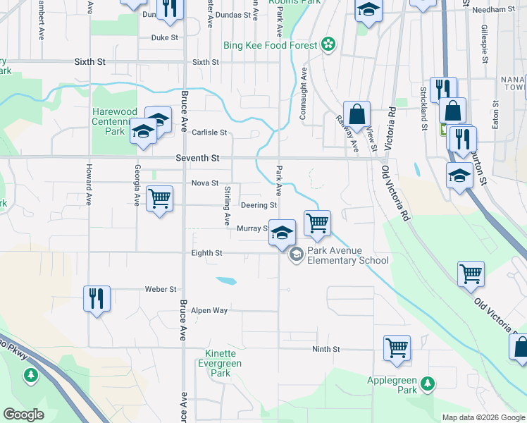 map of restaurants, bars, coffee shops, grocery stores, and more near 429 Deering Street in Nanaimo