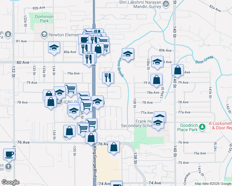 map of restaurants, bars, coffee shops, grocery stores, and more near in Surrey