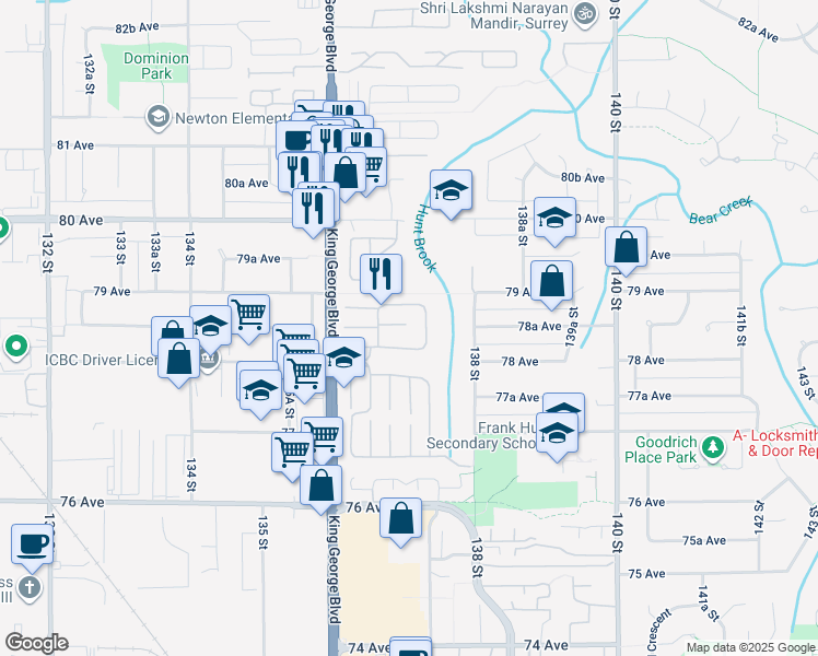 map of restaurants, bars, coffee shops, grocery stores, and more near 7858 137 A Street in Surrey