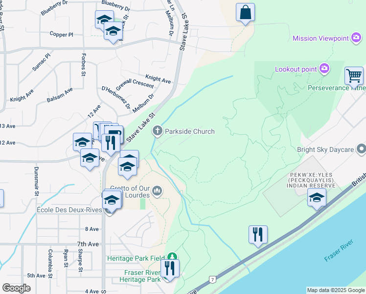 map of restaurants, bars, coffee shops, grocery stores, and more near 33908 Tooley Place in Mission