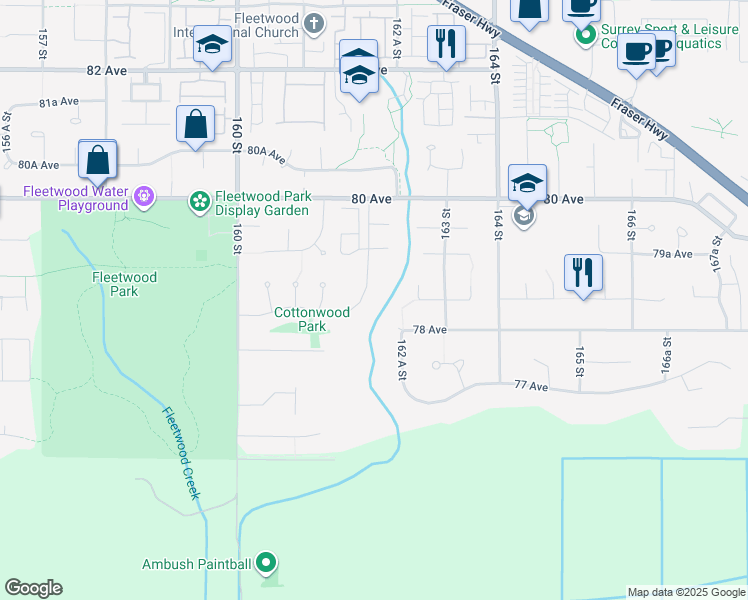 map of restaurants, bars, coffee shops, grocery stores, and more near 7882 162 Street in Surrey