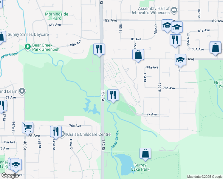 map of restaurants, bars, coffee shops, grocery stores, and more near 7868 152 Street in Surrey