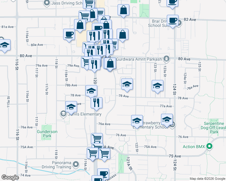 map of restaurants, bars, coffee shops, grocery stores, and more near 7837 120A Street in Surrey