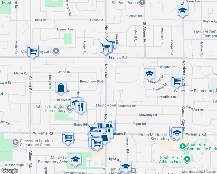 map of restaurants, bars, coffee shops, grocery stores, and more near 9280 Number 3 Road in Richmond